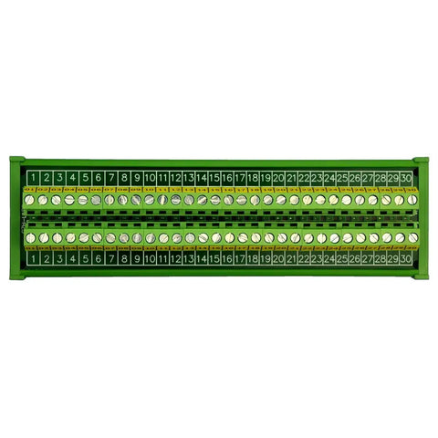 Front view of DIN Rail Mount 30-Position Screw Terminal Block Distribution Module With 24A Per Position, 400V Rating, 5.0mm Pitch
