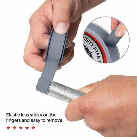 Pro Grade PTFE Thread Seal Tape For Plumbers White Gray Three Quarter Inch By Five Hundred Twenty Inches Pack Of Ten Rolls Leak Proof Easy To Apply Universal Pipe Thread Sealant For All Fittings Home Commercial Industrial Plumbing being applied to a metal pipe fitting.