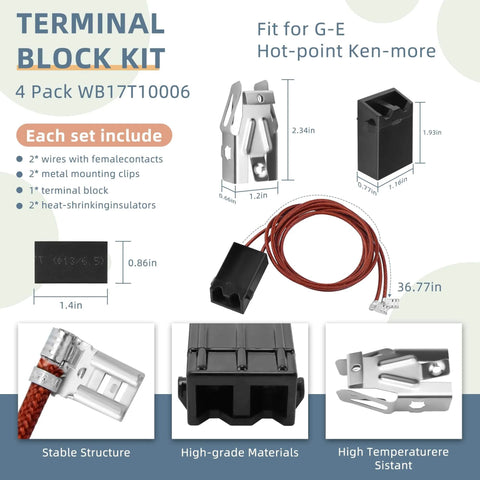 4 Pack WB17T10006 Terminal Block Kit for GE Hotpoint Kenmore Electric Ranges with wires and mounting clips