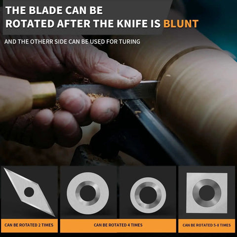 Person using Premium Carbide Lathe Tool Inserts Set For Wood Turning with close-up of diamond, round, and square tip options.