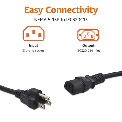 Universal 15 Foot Power Cord For PC Monitor And Printer 3 Prong 18 AWG 125V NEMA 5-15P To IEC320C13 UL Listed Black Cable
