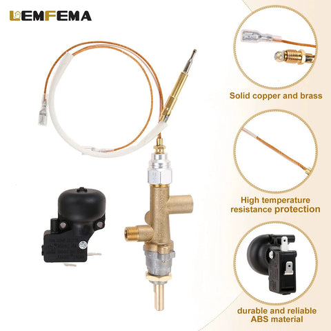 Lemfema propane heater repair kit with brass main valve, copper tubing, thermocouple sensor, and dump switch.