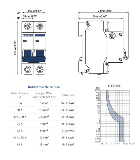 Dc Miniature Circuit Breaker 2 Pole 600V 20 Amp Isolator for Solar PV System dimensions and wire size guide