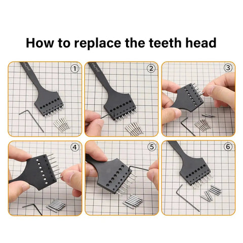 Step-by-step guide for replacing teeth in Leather Stitching Punch Set With Removable Hole Heads For DIY Leather Craft And Saddle Work.