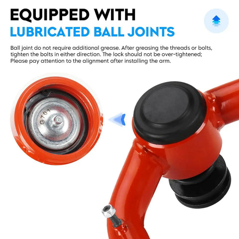 Red front upper control arm with ball joint, automotive suspension component