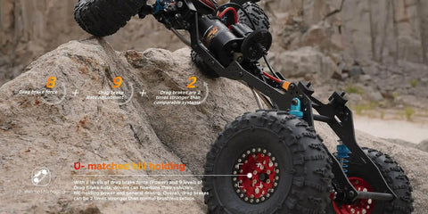 Quicrun Fusion Se 1800KV Brushless ESC installed on RC car, showcasing compact 58mm design, climbing rocky terrain with smooth power delivery.