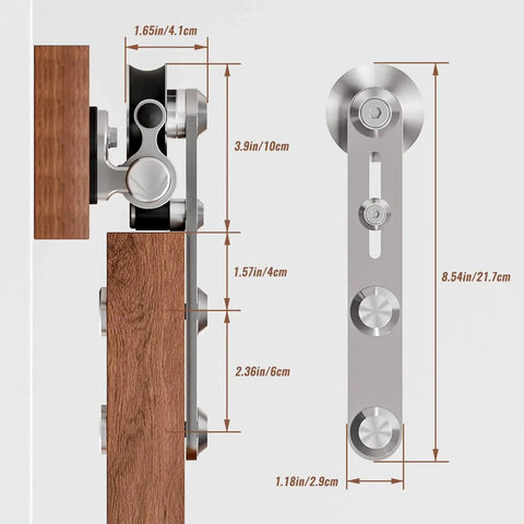 Close-up of Stainless Steel Sliding Barn Door Hardware Kit 6 Foot, showing brackets and measurements for installation on wood door.