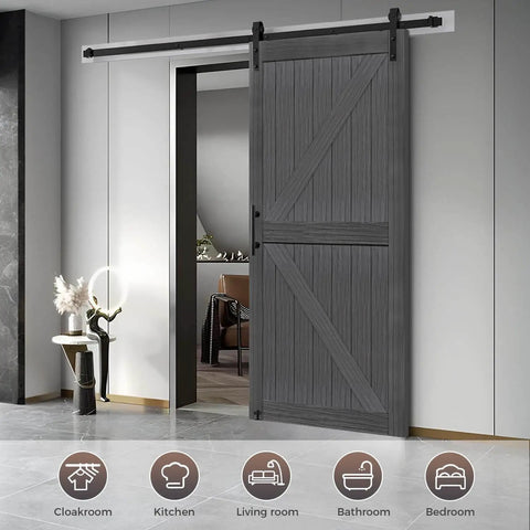 Deep Gray MDF Barn Door With British Brace Knotty Style, 48 By 84 Inches installed in a modern living room with sliding kit