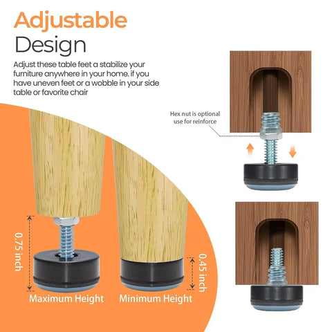 Adjustable height of 1/4-20 UNC Leveling Feet With PTFE Teflon Bottom, with close-up showing minimum and maximum positions for furniture.