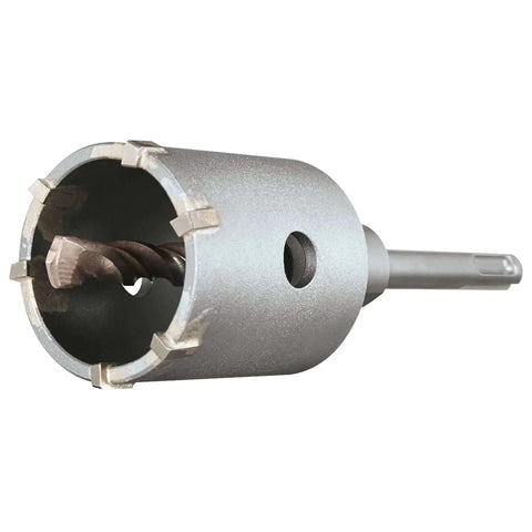 Close-up of 1-3/16 In SDS-Plus Speedcore Thin-Wall Core Bit With Integrated Pilot Bit And Mandrel. Tungsten carbide teeth, ejector hole.