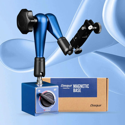 Industrial Strength Magnetic Base Indicator Holder With Fine Adjustment For Lathes And Mills, Dasqua packaging visible