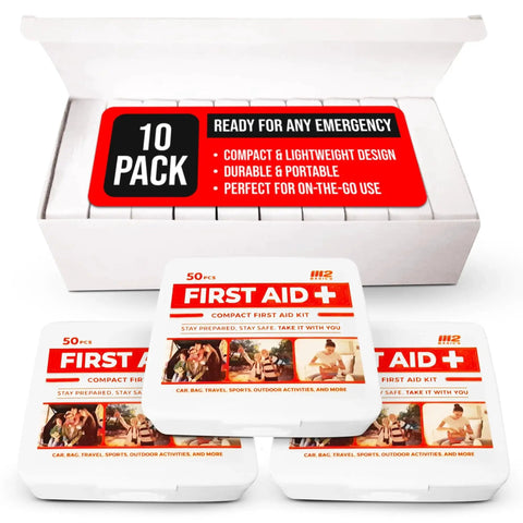 Must Have Bulk 10 Pack Mini First Aid Kit Value Bundle With 50 Essentials Per Kit And 500 Total Pieces For Car Travel Home And Donations Emergency Medical Supplies Kit, shown with open box and individual kits displayed.