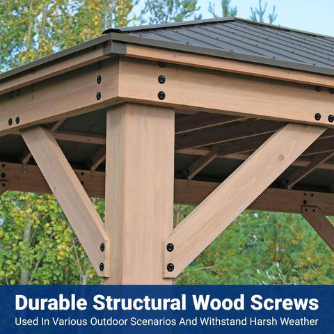 Outdoor structure secured with 10 Inch Structural Wood Screws Size 14 Lag Screws, Black Rust Resistant Coating visible on beams.