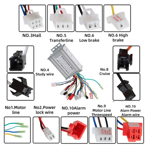36V-48V 350W Brushless Motor Square Wave Controller with connectors for e-bike and scooter replacement, plug-and-play wiring visible.