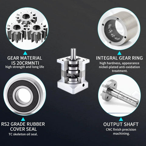 Components of the Planetary Gearbox 7 Arc Min Backlash Speed Reducer 50 To 1 Reduction For 8mm Shaft Nema23 Stepper Motor, including gear, shaft, seal, and ring details.
