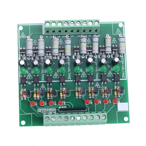 Top view of 8 Channel Optocoupler Isolation Module for AC 110V and 220V NPN low level output, showcasing circuit board components.