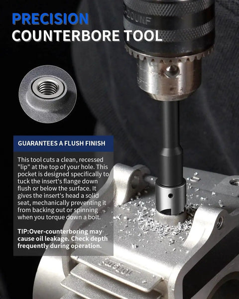 Close-up of a precision counterbore tool in use from the M6x1.0 Thread Repair Kit With HSS Drill Tap Counterbore And Driver 10 Inserts.