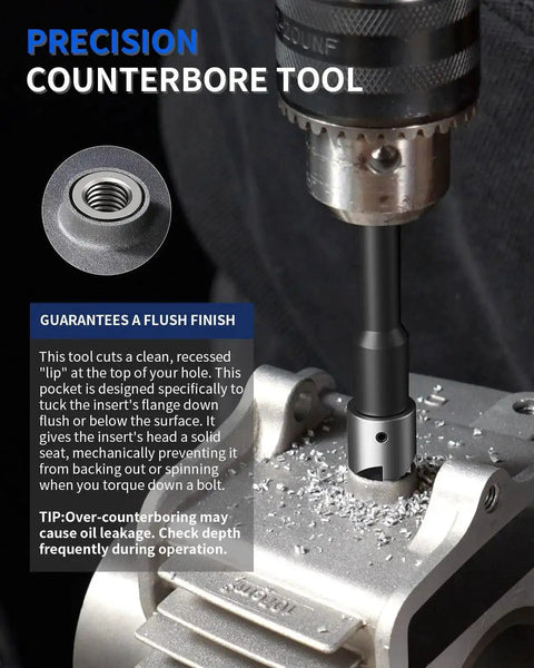 Precision counterbore tool with M10x1.25 Thread Repair Kit With HSS Drill Tap Counterbore And Installation Driver For Fixing Stripped Threads In Engines Auto Parts UTV Motorcycles And Bicycles Includes 10 Stainless Steel Inserts 14mm Long DIY Friendly in use.