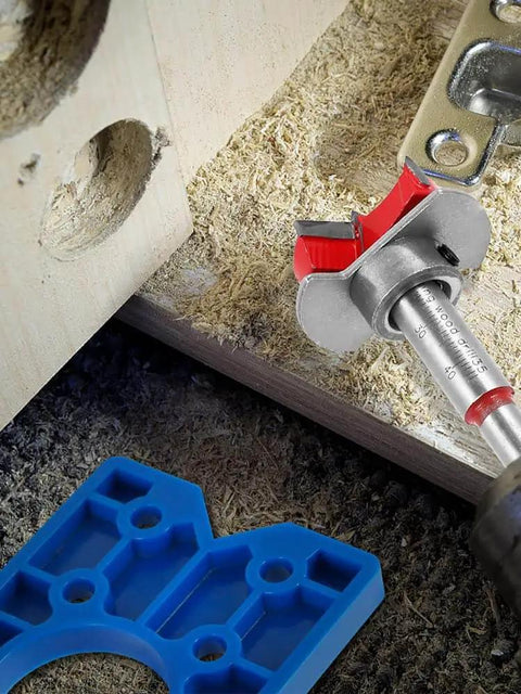Concealed Hinge Jig for 35mm Hinge Drilling Guide Woodworking with Adjustable Bit and Hex Wrench, close-up of drill bit in wood