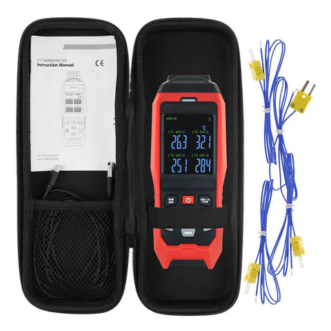 Digital K-type thermocouple thermometer data logger, red handheld unit with 4 channels and blue probes in a black case.