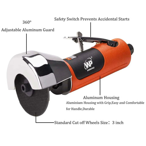 3 Inch Air Cut Off Tool Pneumatic Metal Cutter with 3 Inch Wheel for sheet metal and plastic, side view showing safety switch and guard