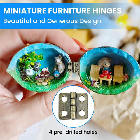 Open miniature scene with furniture inside an egg with 24 Pack Mini Antique Bronze Hinges 13x12mm 180 Degree Rotation inset.