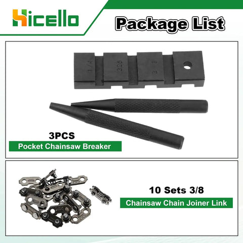 Pro Grade Pocket Chainsaw Breaker Kit For Easy Field Repairs Three Piece Set With Ten Chain Joiner Links pack contents