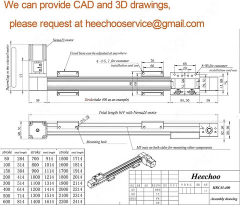 Technical drawing of Fast 400mm Belt Driven Linear Actuator With 16 Inch Stroke For CNC Positioning, Nema 17 Motor, 600mm Travel