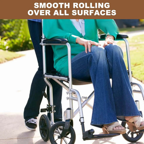 Person using a wheelchair with Easy Install 4 Pack 6 Inch Walker Wheels Replacement With Four Axles For Front Wheel Replacement On Walkers And Rollators, Rubber Tread Black Wheels For Safer, Smoother Mobility on pavement.