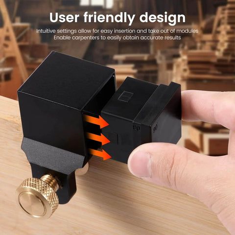 User inserting module into Aluminum Alloy Dovetail Jig Marker Gauge With Eight Modules, Magnetic Woodworking Marking Tool
