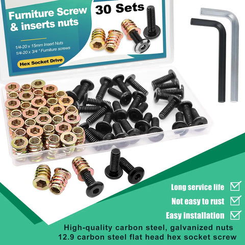 Heavy Duty Wood Furniture Threaded Inserts Set 30 Pieces 1/4-20 X 15mm With 1/4-20 X 20mm Screw In Nuts And Hex Wrench shown in packaging.
