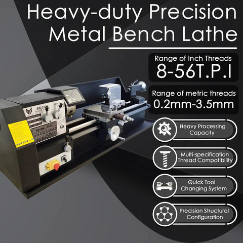 Industrial Metal Lathe Machine For Home Shop And Workshop With 10.2 Inch Swing And 27.5 Inch Distance Between Centers Geared Head Lathe High Torque Variable Speed Turning 115-1620 RPM AC 110V 1HP By TechTONGDA in full view with control panel and threading specifications shown.