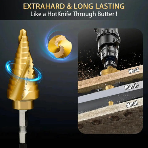 Five Piece Titanium Step Drill Bit Set With Fifty Sizes From Three Sixteenth Inch To One And Three Eighths Inch For Metal Aluminum Wood And Plastic HSS Step Bit With Titanium Coating And Two Spiral Grooved For Electricians And DIY Projects shown cutting through wood, plastic, and metal.