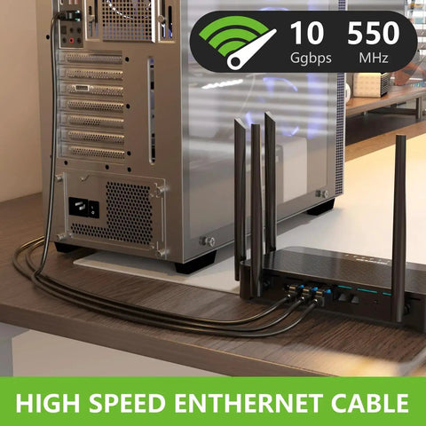Outdoor Cat6 Ethernet Cable 200 Ft 24 AWG Copper connected to router and PC, 10Gbps, 550MHz, waterproof LLDPE UV jacket, black.