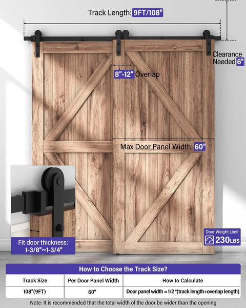 9 Ft Single Track Bypass Sliding Barn Door Hardware Kit For Double Doors With Flat Track Roller And Low Ceiling Space Saver