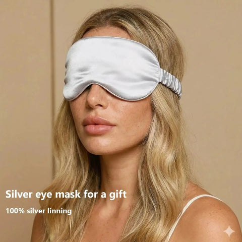 Person wearing silver eye mask from Grounding Fitted Sheets With 25 Percent Silver Infused Fiber And Cotton wellness kit