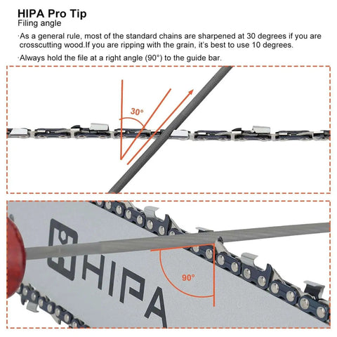Chainsaw Sharpening Kit 12 Piece All In One Set With Round File Sizes 5 32 3 16 7 32 1 8 11 64 13 64 And 6 Inch Flat File Plus Depth Gauge Quick Check Gauge For Easy Field Sharpening By Hipa with filing angle demonstration on chainsaw chain