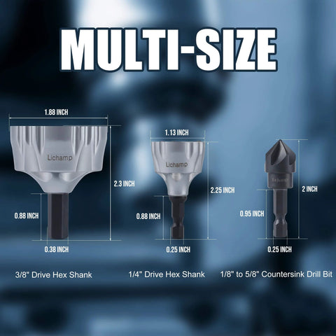 Boss Grade Tungsten Carbide Chamfer Tool Set With Deburring Bits And Countersink Drill Bit shown in multi-size hex shanks.