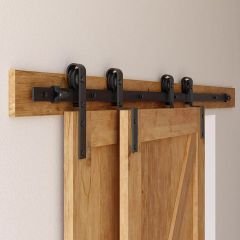 Heavy Duty 8 Foot Sliding Barn Door Hardware Kit For Double Wooden Doors With Single Track And Bypass Floor Guide Black Powder Coated Carbon Steel Construction Supports Up To 330 Lbs Easy Install Smooth Glide And Durable Track installed view