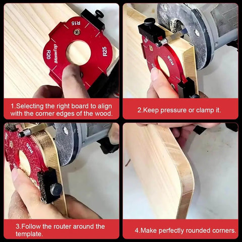 Router Corner Radius Template Kit With Aluminum Alloy Radius Jig, CNC Machined For Woodworking, 8 Radius Sizes, in use.