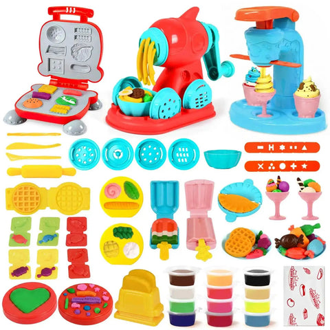 3 In 1 Dough Set With 59 Pieces For Kids Ages 3 And Up Ice Cream Maker Noodle Machine Burger Maker Kit with tools and dough.