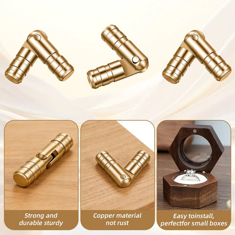Invisible Brass Barrel Hinges 25 Pack, 20x4mm Hidden Concealed Hinges For Jewelry Boxes Cabinets shown in various views