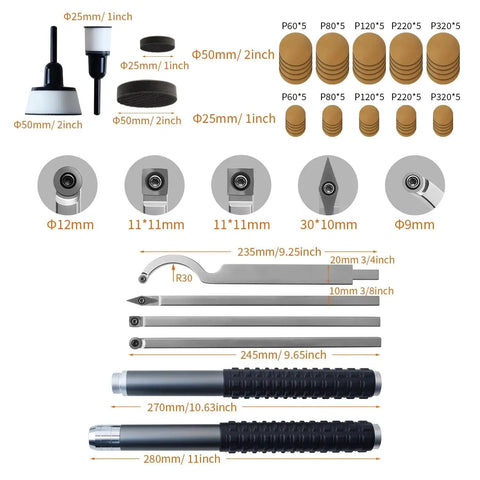 Image showing Pro Grade All In One Carbide Wood Lathe Tools Set with bowl sander, swan neck hollower, carbide tips, mandrels, and handles.