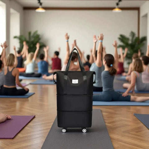 Expandable Foldable Duffle Bag With Detachable Wheels 3 In 1 Design displayed in a yoga studio setting.