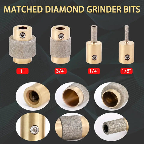 Diamond Grinder Bits Set for Stained Glass 1 3/4 Inch, 1/4 Inch and 1/8 Inch Heads with Brass Core Copper Tool Heads