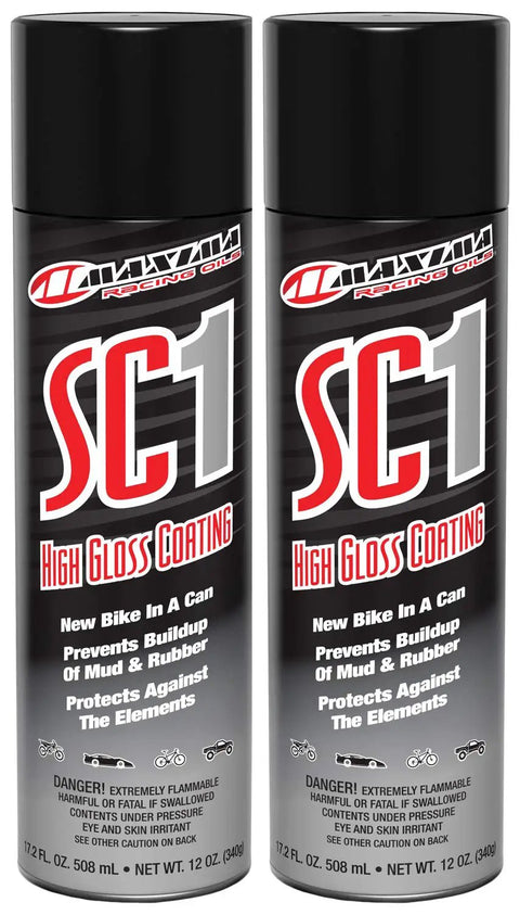 SC1 High Gloss Coating for Powersports 2 Pack, 24 Oz Each Clear Coat for Plastic Fiberglass and Painted Surfaces, Water Resistant Finish That Makes Cleanup Easier, two aerosol cans side view.