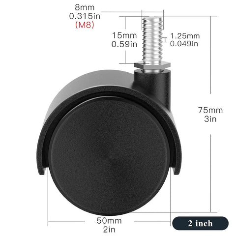 Beefy 2 Inch Nylon Casters Set Of 4 With M8 Threaded Stem Swivel Wheel Replacement for furniture carts front view