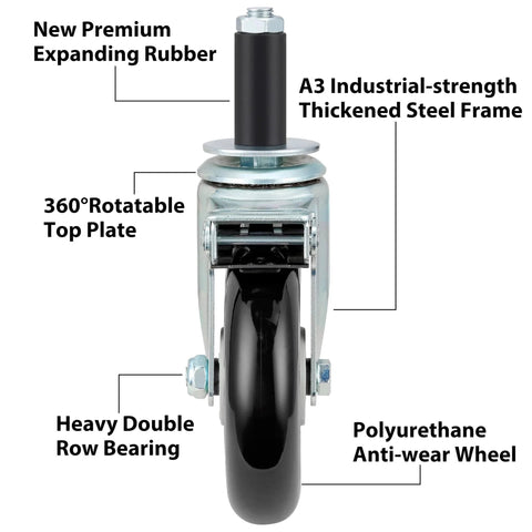 Close-up view of a caster from the Five Inch Prep Table Casters Set Of 4 Heavy Duty Expanding Stem Wheel Casters With Brakes Fit 7/8 Inch, 1 Inch, 1-1/2 Inch And 1-5/8 Inch Tube Legs For Stainless Steel Furniture, Worktable, Cart, Workbench, showing features like polyurethane wheel and 360° rotatable top plate.
