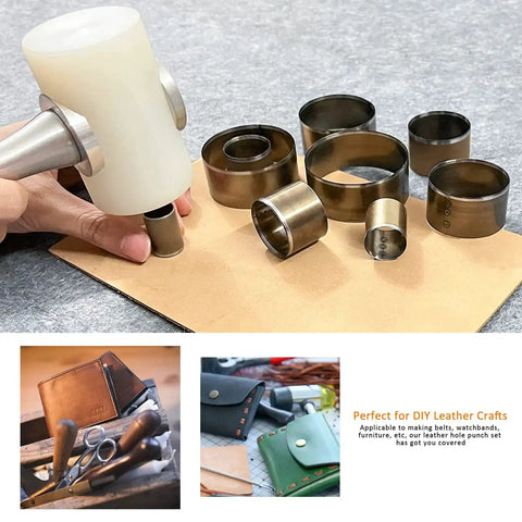 Leather Circle Cutter Set For DIY Leather Projects, 9 Piece Circle Punch Tool Kit Spanning 15 To 55mm, pro grade cutting dies in use