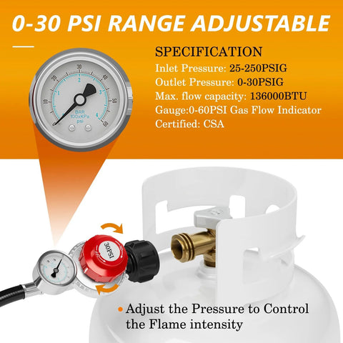 NUPICK propane regulator with 6 ft hose and 0–30 PSI adjustable gauge connected to LP gas tank